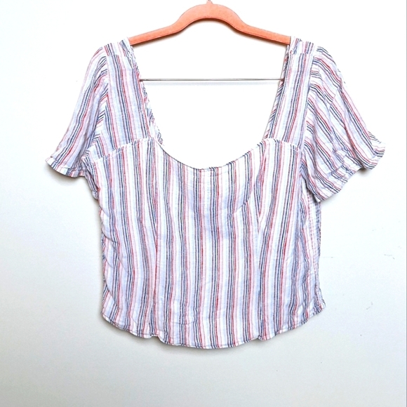 Sanctuary Striped Linen Blend Short Sleeve Smocked Blouse Size Small - Picture 2 of 8